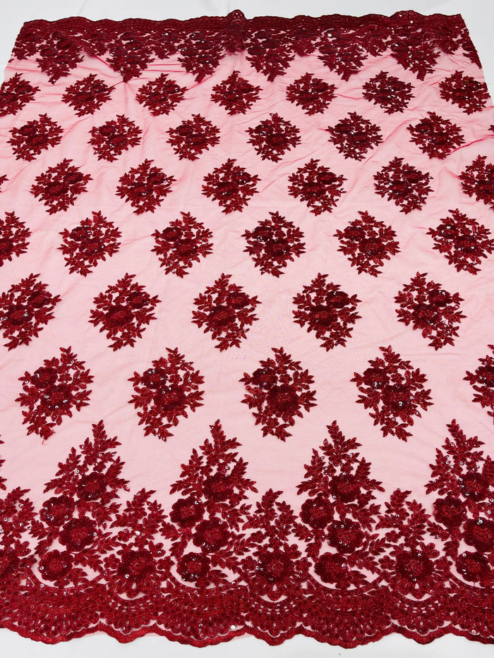 Lace Fabric - by yard - Corded Flower Embroidery With Sequins on a Mesh Lace Fabric For Wedding