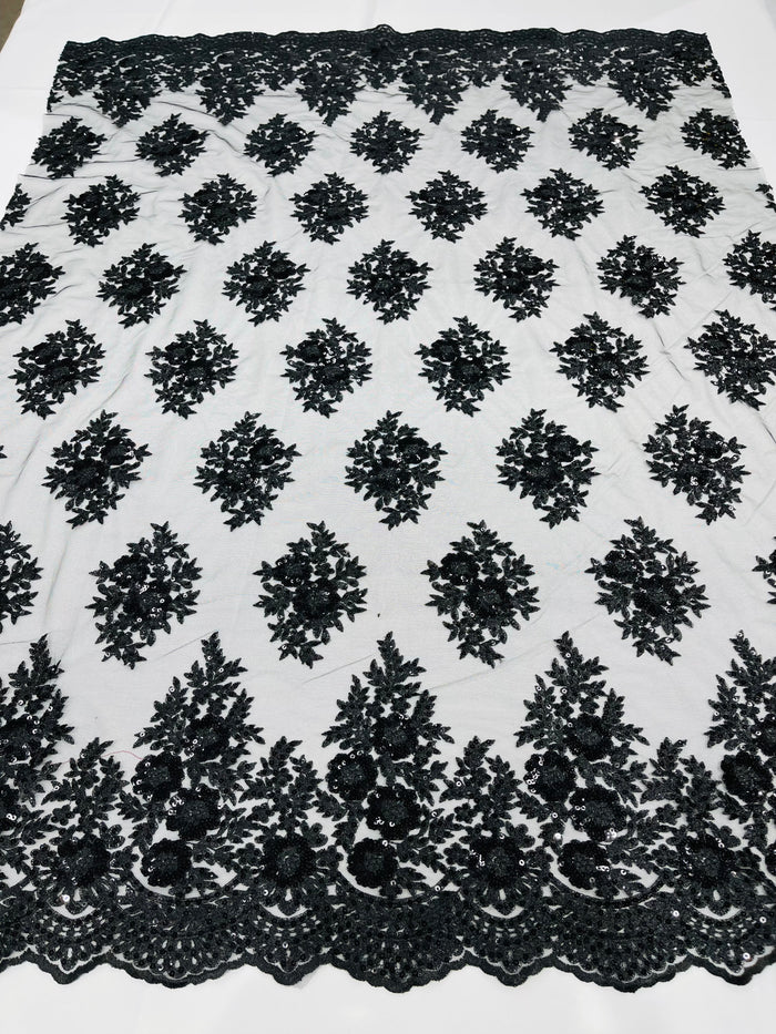 Lace Fabric - by yard - Corded Flower Embroidery With Sequins on a Mesh Lace Fabric For Wedding