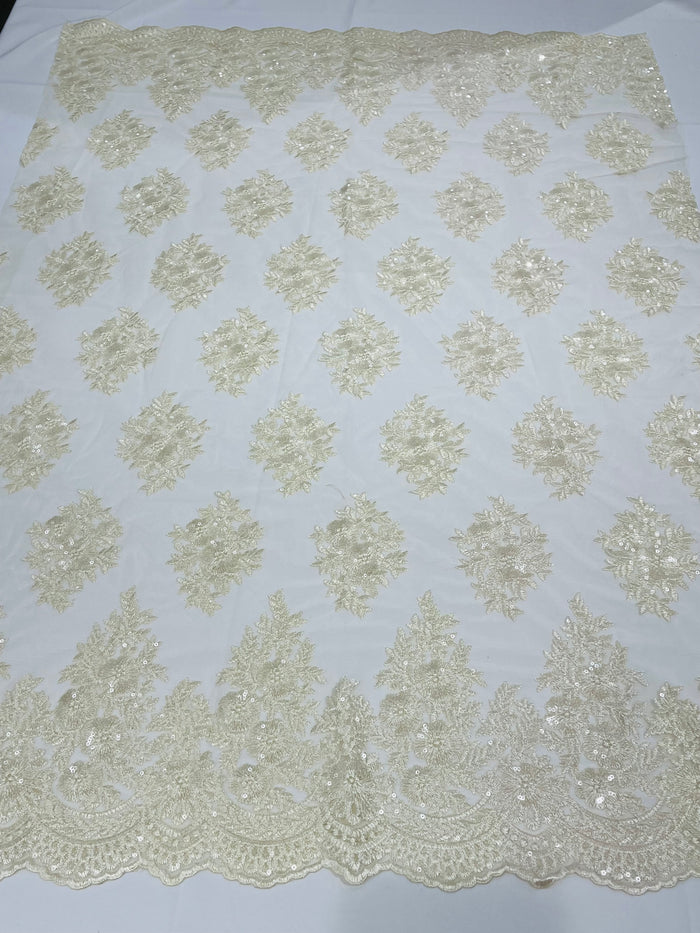 Lace Fabric - by yard - Corded Flower Embroidery With Sequins on a Mesh Lace Fabric For Wedding