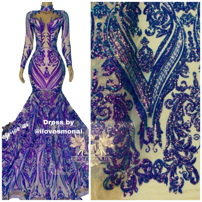 Lavender Iridescent Sequins Fabric on Nude Mesh, Damask Design 4Way Stretch Sequin By The Yard