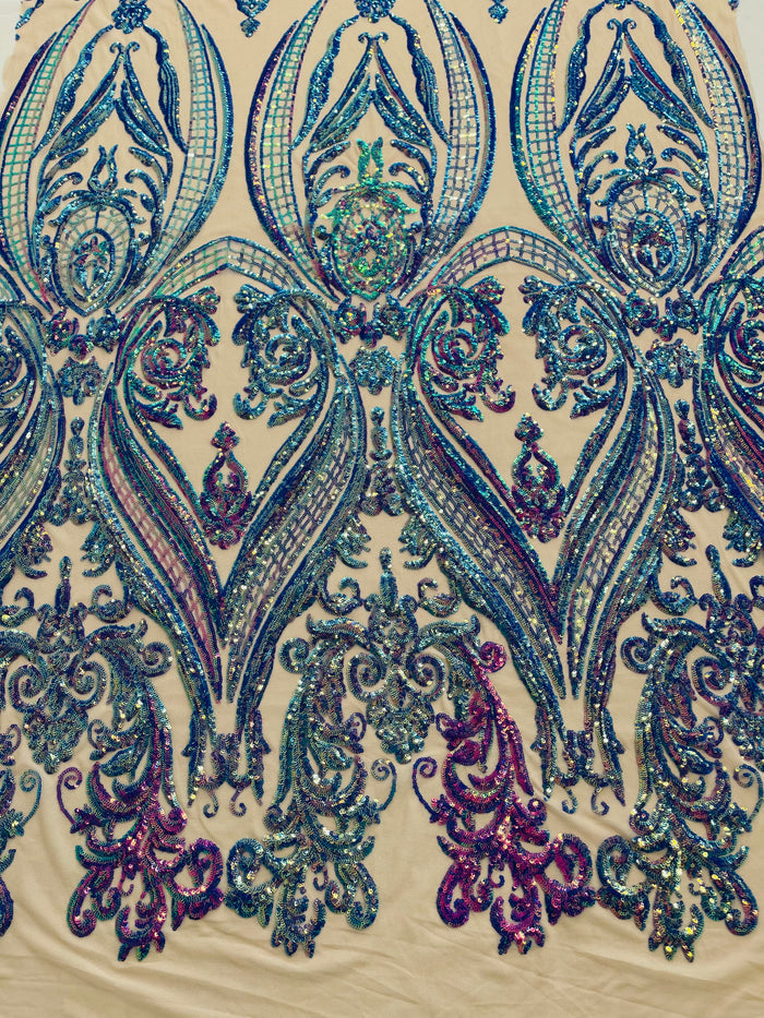Lavender Iridescent Sequins Fabric on Nude Mesh, Damask Design 4Way Stretch Sequin By The Yard