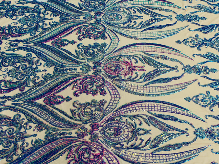 Lavender Iridescent Sequins Fabric on Nude Mesh, Damask Design 4Way Stretch Sequin By The Yard