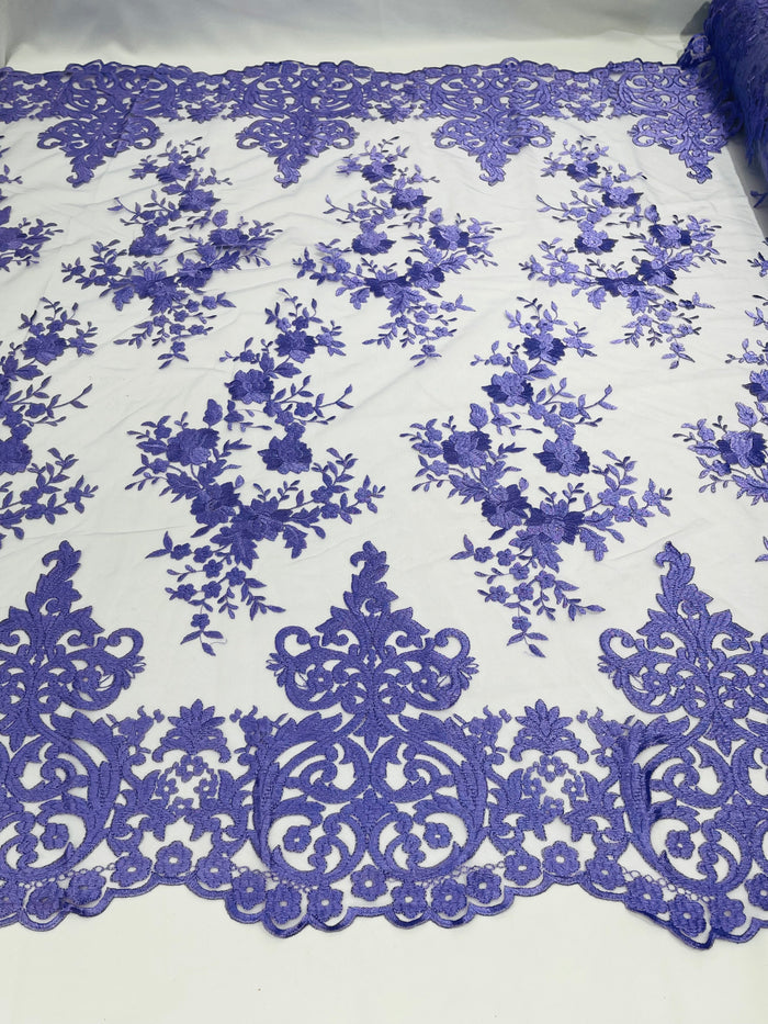 Lilac Bridal Lace - By The Yard - Floral Damask Design Embroidered on Mesh Lace Fabric