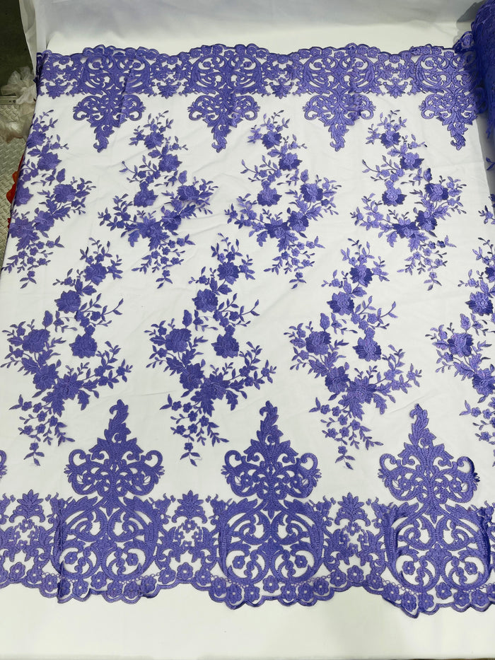 Lilac Bridal Lace - By The Yard - Floral Damask Design Embroidered on Mesh Lace Fabric
