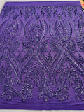 Lilac Sequins Fabric on Mesh, Damask Design 4 Way Stretch Sequin Fabric Sold By The Yard