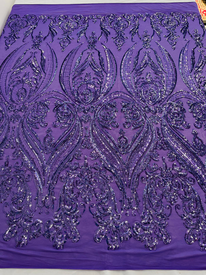 Lilac Sequins Fabric on Mesh, Damask Design 4 Way Stretch Sequin Fabric Sold By The Yard