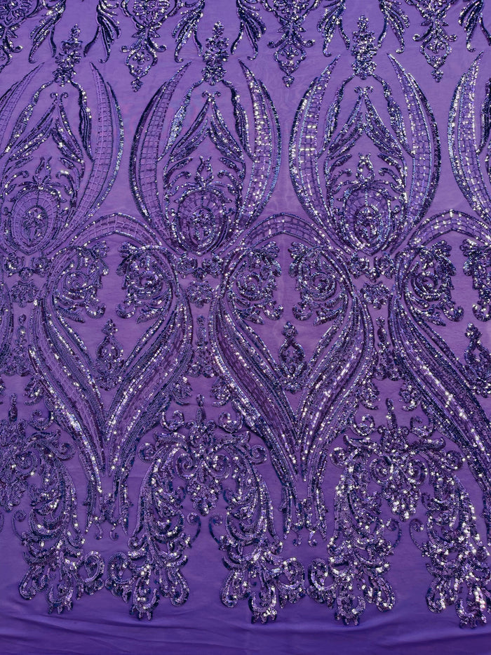 Lilac Sequins Fabric on Mesh, Damask Design 4 Way Stretch Sequin Fabric Sold By The Yard