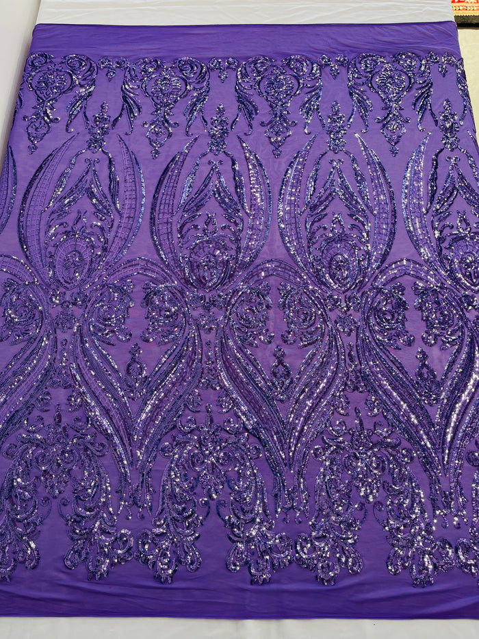 Lilac Sequins Fabric on Mesh, Damask Design 4 Way Stretch Sequin Fabric Sold By The Yard