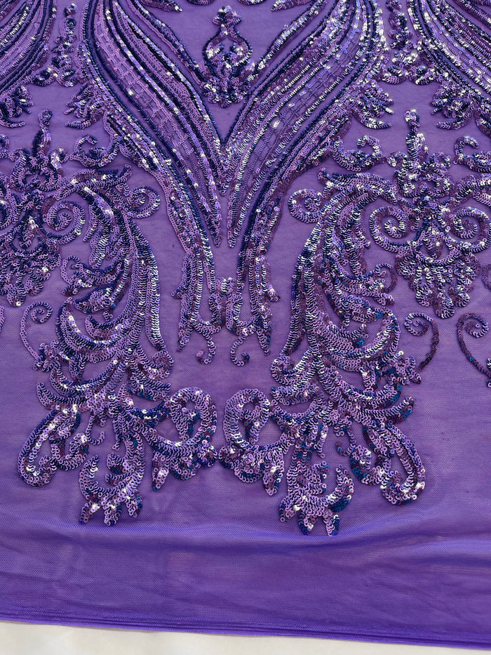 Lilac Sequins Fabric on Mesh, Damask Design 4 Way Stretch Sequin Fabric Sold By The Yard