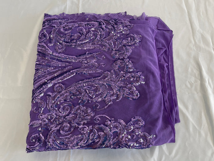 Lilac Sequins Fabric on Mesh, Damask Design 4 Way Stretch Sequin Fabric Sold By The Yard