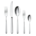 The Sambonet Linear Solid Handle Flatware 5 Place Setting includes a dinner fork, knife, soup spoon, salad fork, and teaspoon in stainless steel with sleek, polished handles and a modern design arranged side by side.
