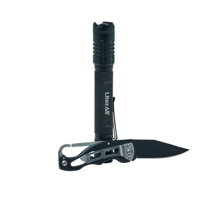 Litezall Tactical Flashlight & Pocket Knife Combo 280 Lumens Aluminum Black