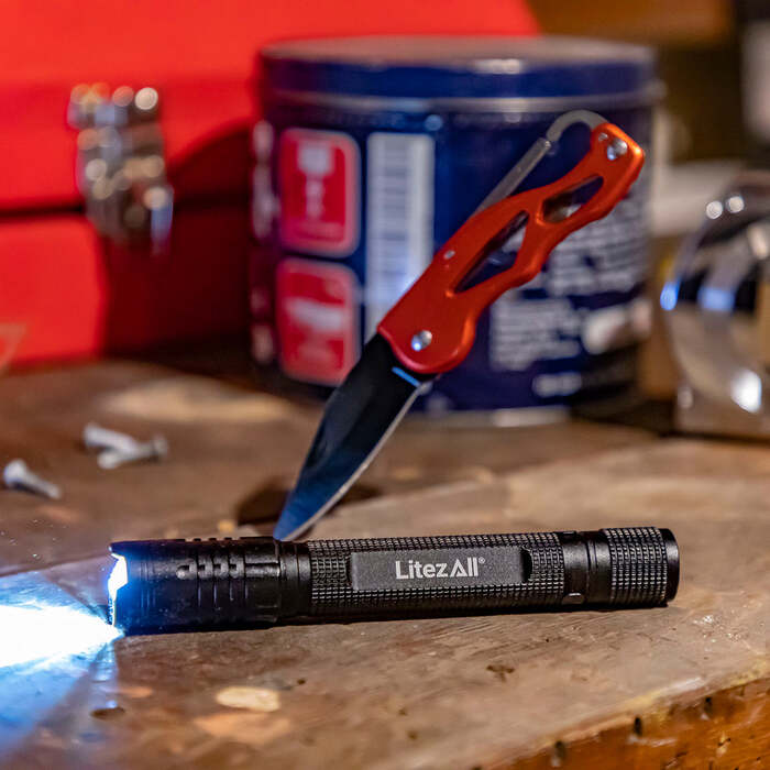 Litezall Tactical Flashlight & Pocket Knife Combo 280 Lumens Aluminum Black