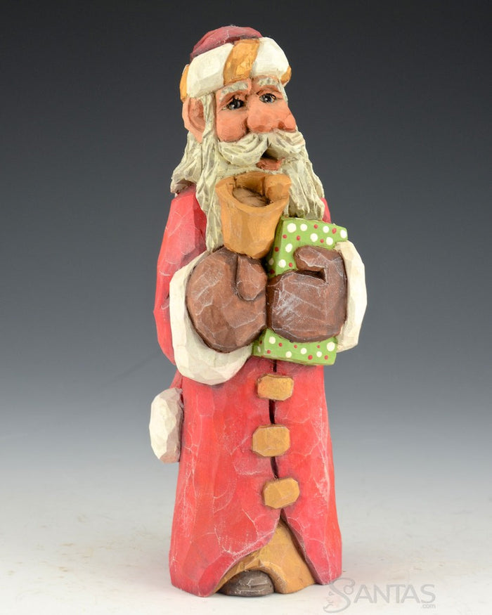 Long Hat Santa Holding Gold Bell and Present