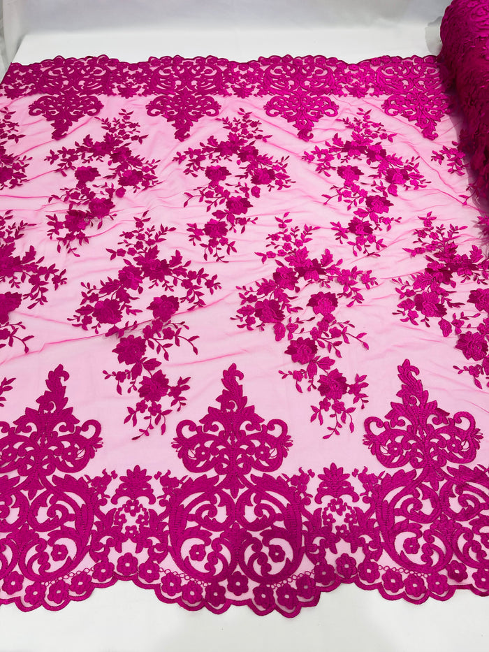 Magenta Bridal Lace - By The Yard - Floral Damask Design Embroidered on Mesh Lace Fabric