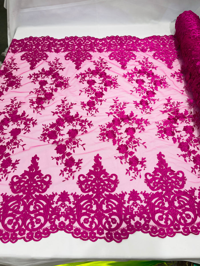 Magenta Bridal Lace - By The Yard - Floral Damask Design Embroidered on Mesh Lace Fabric