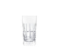 A Saint-Louis Manhattan Barware highball glass with a faceted cut-crystal design stands upright empty on a plain white background.