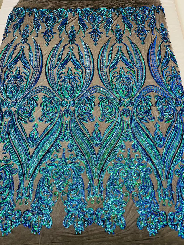 Mermaid Iridescent Sequins Fabric on Black Mesh, Damask Design 4Way Stretch Sequin By The Yard