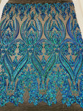 Mermaid Iridescent Sequins Fabric on Black Mesh, Damask Design 4Way Stretch Sequin By The Yard