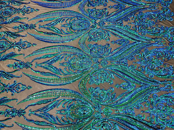 Mermaid Iridescent Sequins Fabric on Black Mesh, Damask Design 4Way Stretch Sequin By The Yard