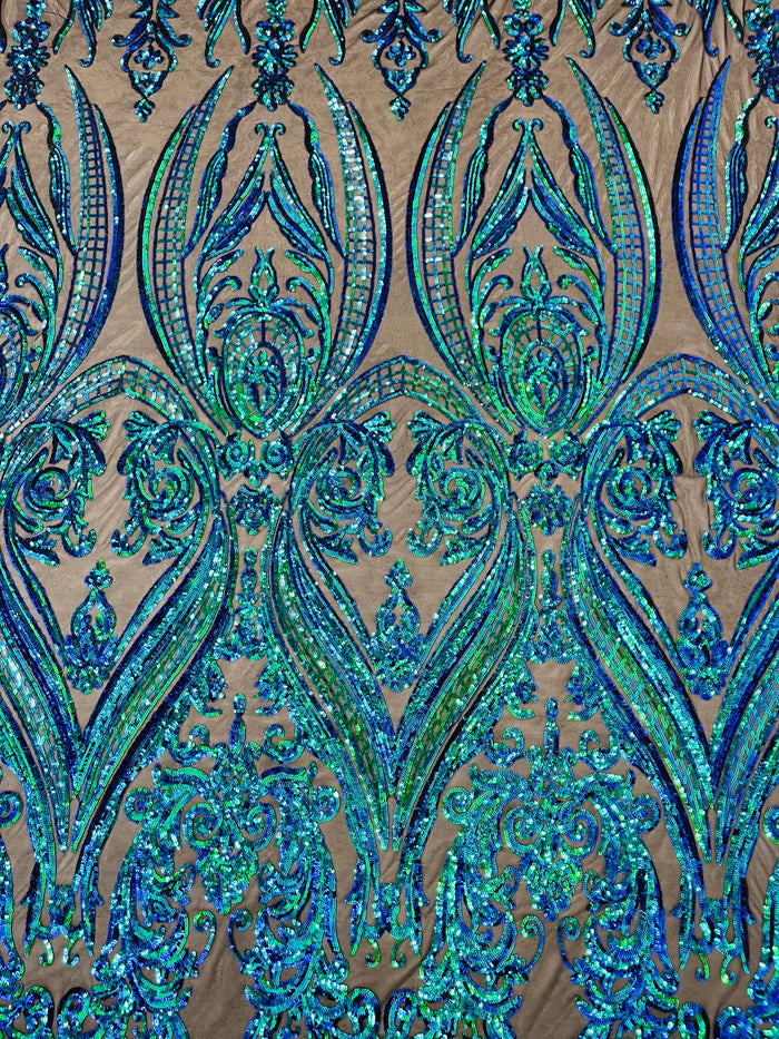 Mermaid Iridescent Sequins Fabric on Black Mesh, Damask Design 4Way Stretch Sequin By The Yard