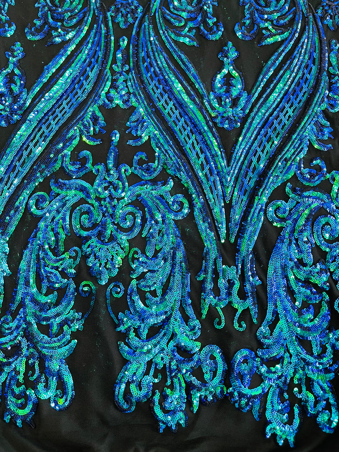Mermaid Iridescent Sequins Fabric on Black Mesh, Damask Design 4Way Stretch Sequin By The Yard