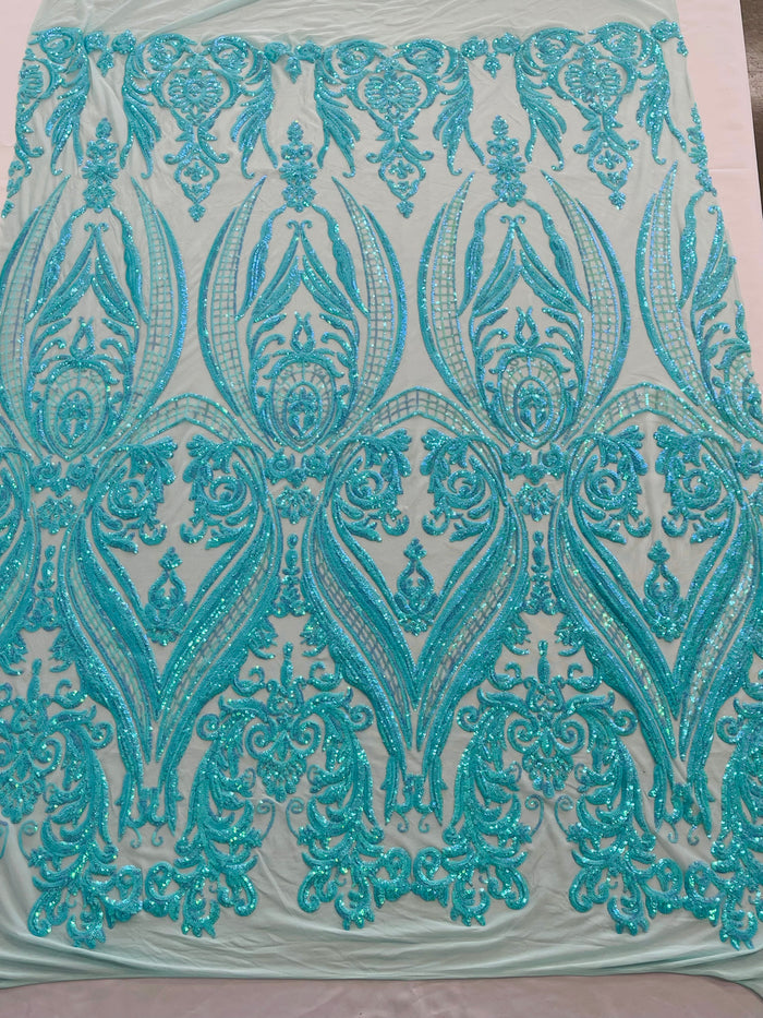 Mint Iridescent Sequins Fabric on a Mesh, Damask Design 4Way Stretch Sequin By The Yard