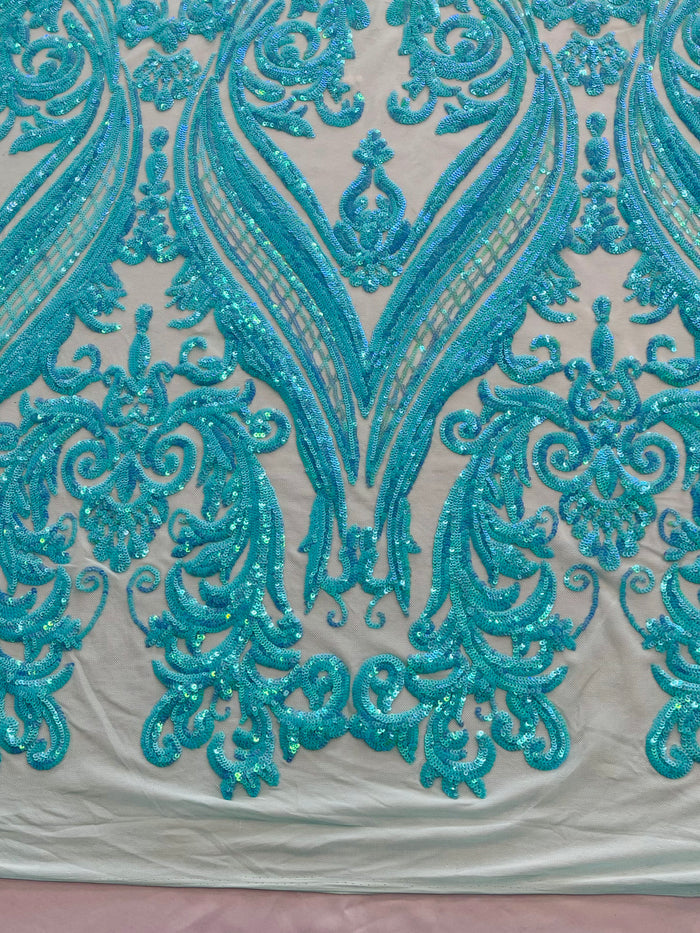 Mint Iridescent Sequins Fabric on a Mesh, Damask Design 4Way Stretch Sequin By The Yard