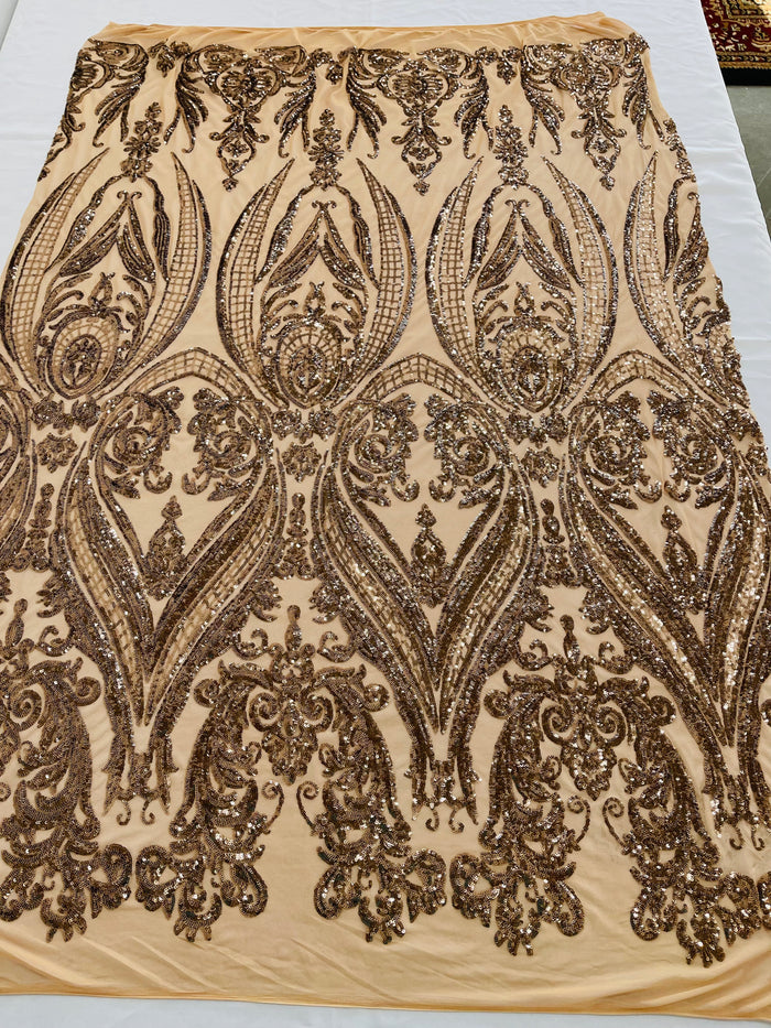 Mocha Sequins Fabric on Mesh, Damask Design 4 Way Stretch Sequin Fabric Sold By The Yard