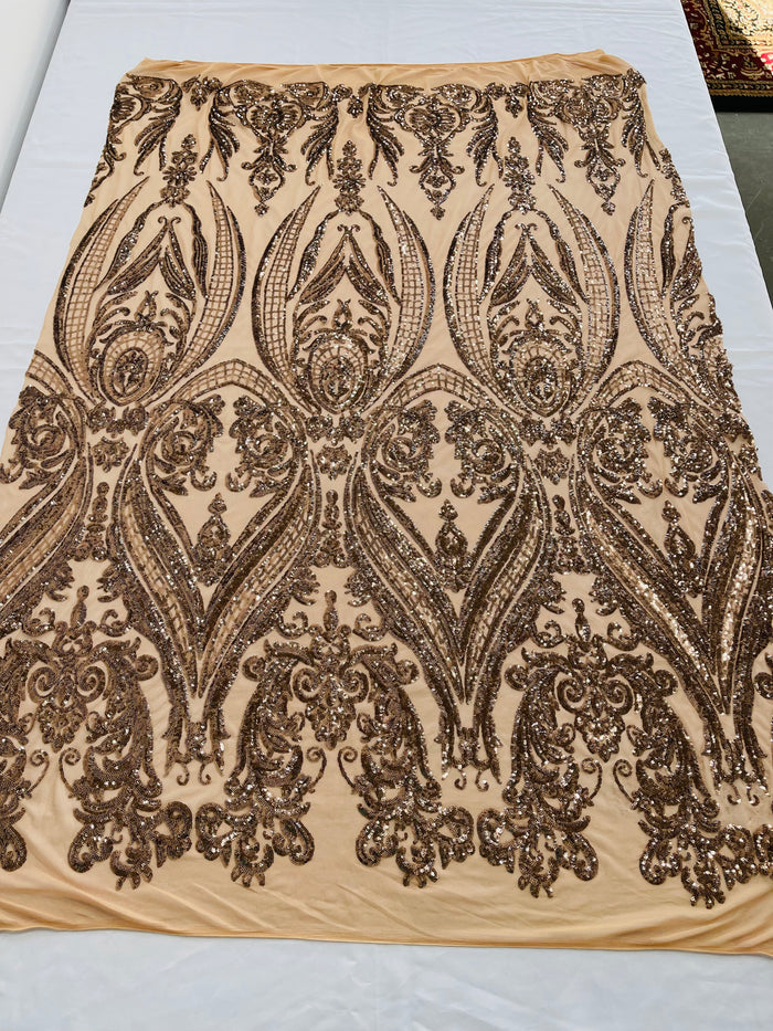 Mocha Sequins Fabric on Mesh, Damask Design 4 Way Stretch Sequin Fabric Sold By The Yard