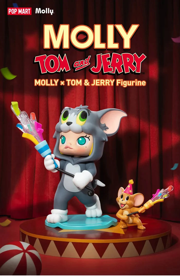 MOLLY × TOM & JERRY Figurine - Preorder features Molly in a Tom costume and Jerry with party poppers, posed on a circus platform.