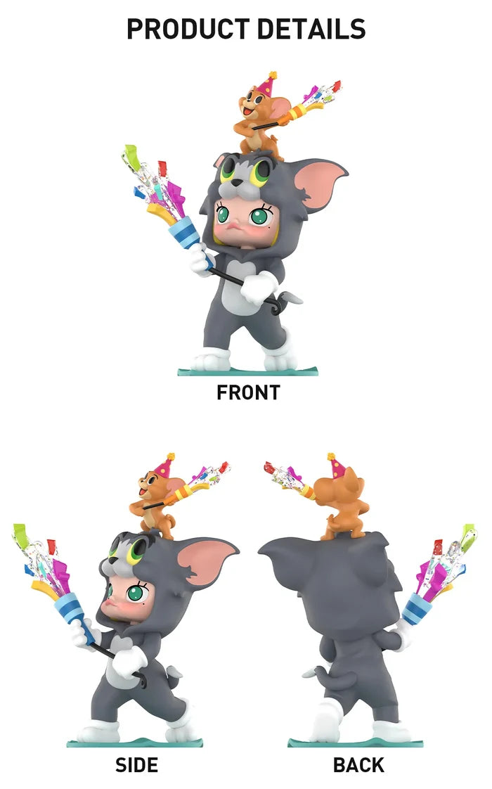 MOLLY × TOM & JERRY Figurine in a cat costume, holding a confetti launcher, with a mouse atop, all in playful chibi style. Preorder available.