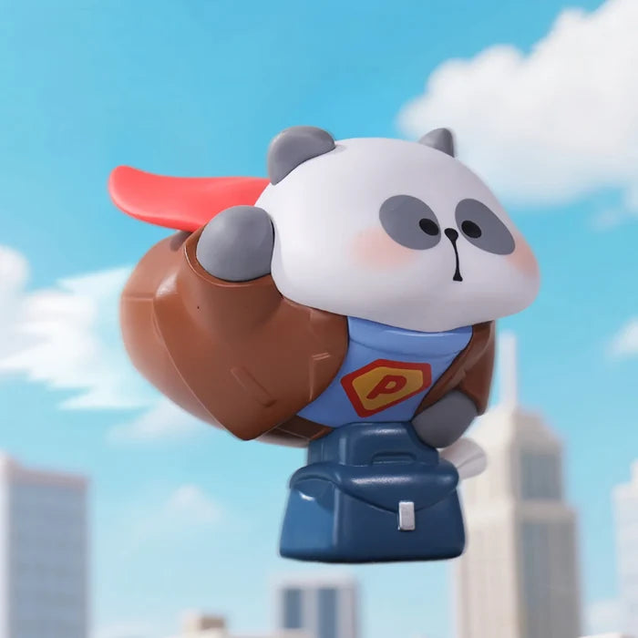 MR.PA Wish List Blind box: A superhero-themed panda figurine with a red cape, blue shirt, and P shield, flying against a cityscape backdrop. Preorder available.