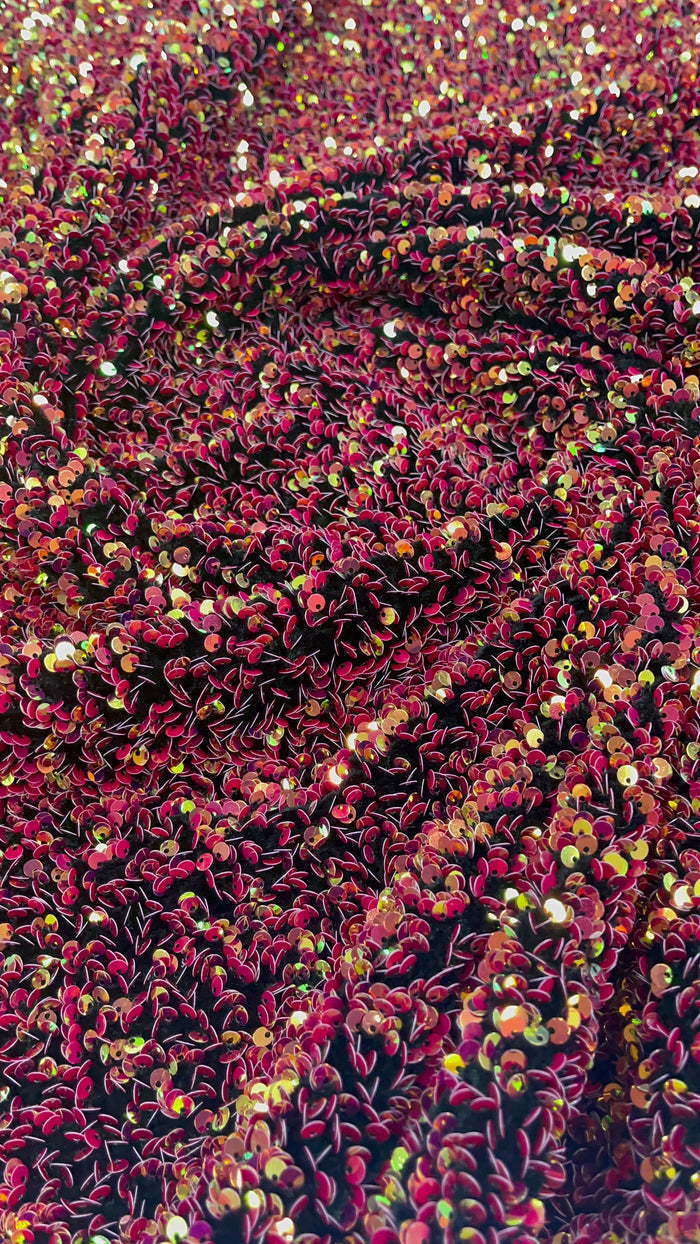 Multi color Sequins Fabric on Black Stretch Velvet - By The Yard - all Over 5mm Sequins 58”/60