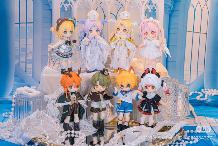 NAGI: The Phantom Record Series Articulated Figures, eight chibi-style dolls in fantasy outfits, posed with lace and pearls for Strangecat Toys' preorder collection.