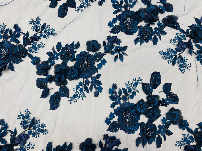 Navy 3D Floral Design Embroider and Beaded With Pearls On a Mesh Lace-Prom-Dresses By The Yard