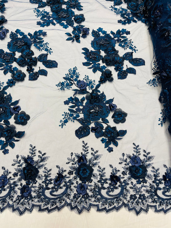 Navy 3D Floral Design Embroider and Beaded With Pearls On a Mesh Lace-Prom-Dresses By The Yard