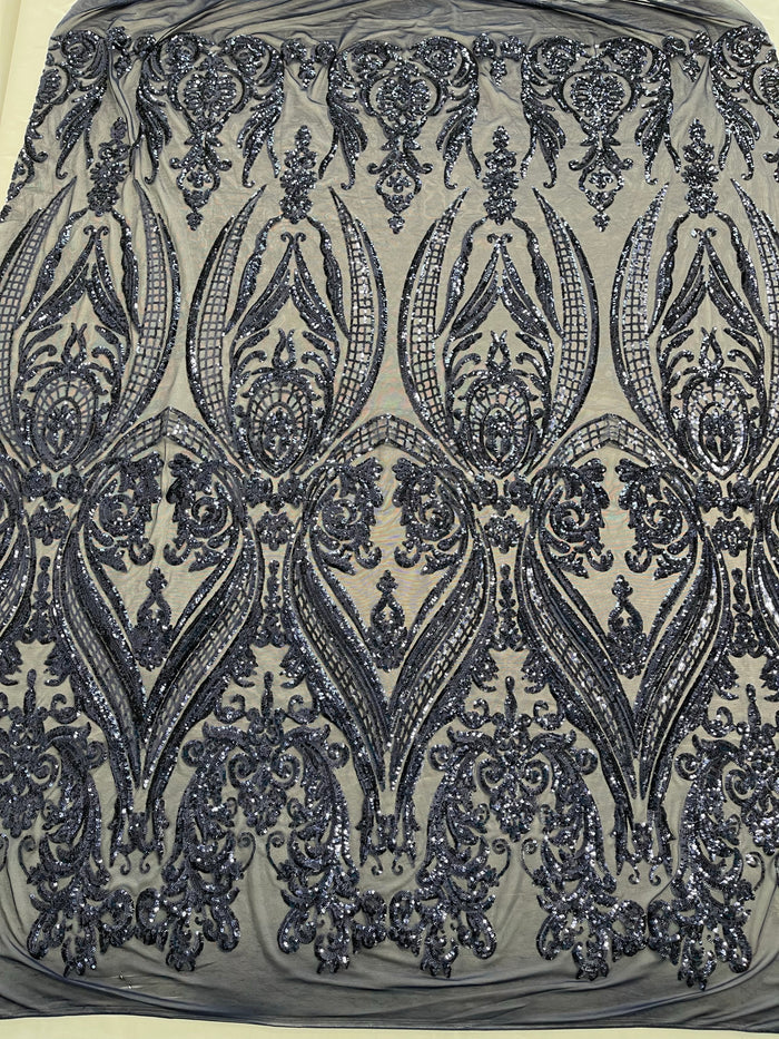 Navy Blue Sequins Fabric on Mesh, Damask Design 4 Way Stretch Sequin Fabric Sold By The Yard