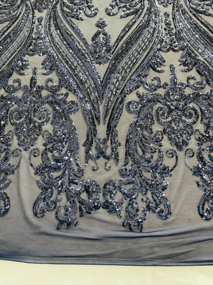Navy Blue Sequins Fabric on Mesh, Damask Design 4 Way Stretch Sequin Fabric Sold By The Yard