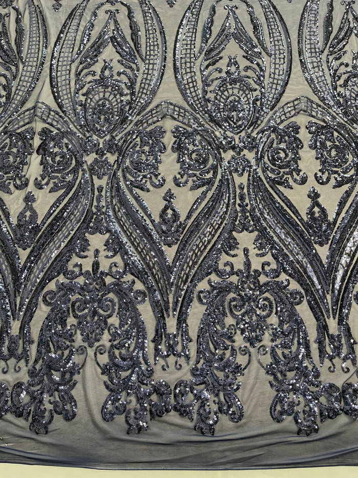 Navy Blue Sequins Fabric on Mesh, Damask Design 4 Way Stretch Sequin Fabric Sold By The Yard