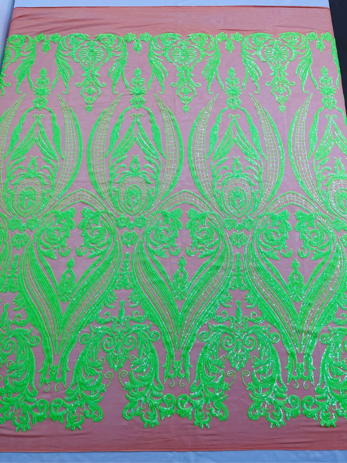 Neón Green Sequins Fabric on DK Nude Mesh, Damask Design 4Way Stretch Sequin By The Yard