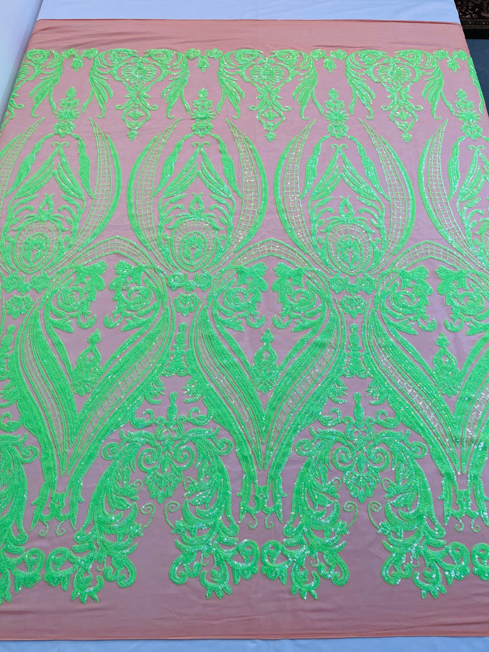 Neón Green Sequins Fabric on DK Nude Mesh, Damask Design 4Way Stretch Sequin By The Yard