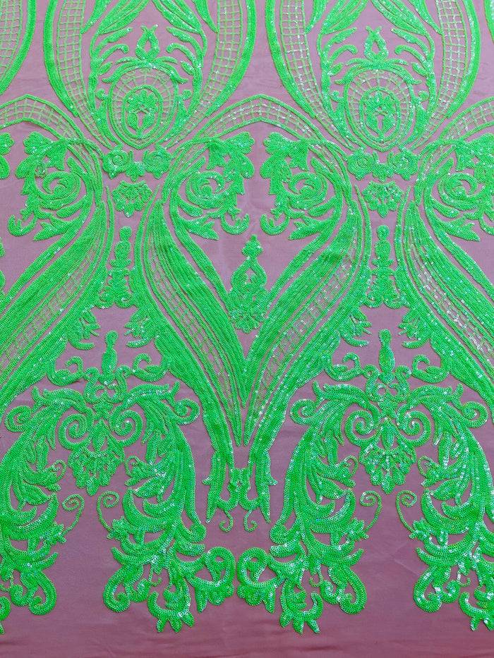 Neón Green Sequins Fabric on DK Nude Mesh, Damask Design 4Way Stretch Sequin By The Yard
