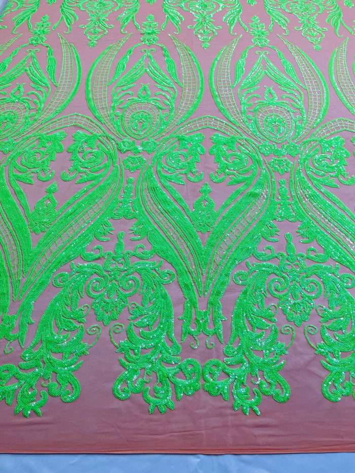 Neón Green Sequins Fabric on DK Nude Mesh, Damask Design 4Way Stretch Sequin By The Yard