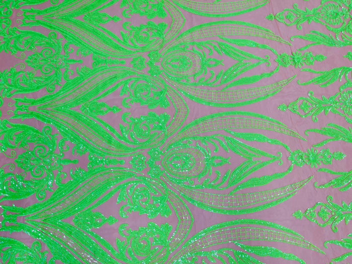 Neón Green Sequins Fabric on DK Nude Mesh, Damask Design 4Way Stretch Sequin By The Yard