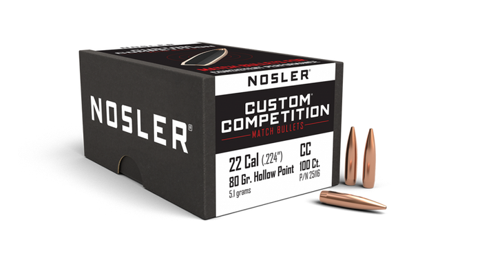 Nosler .224 Diameter 80 Grain Boat Tail Hollow Point Custom Competition Bullets