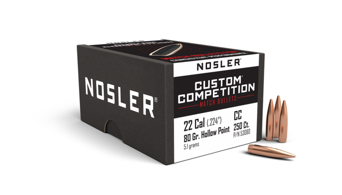 Nosler .224 Diameter 80 Grain Boat Tail Hollow Point Custom Competition Bullets