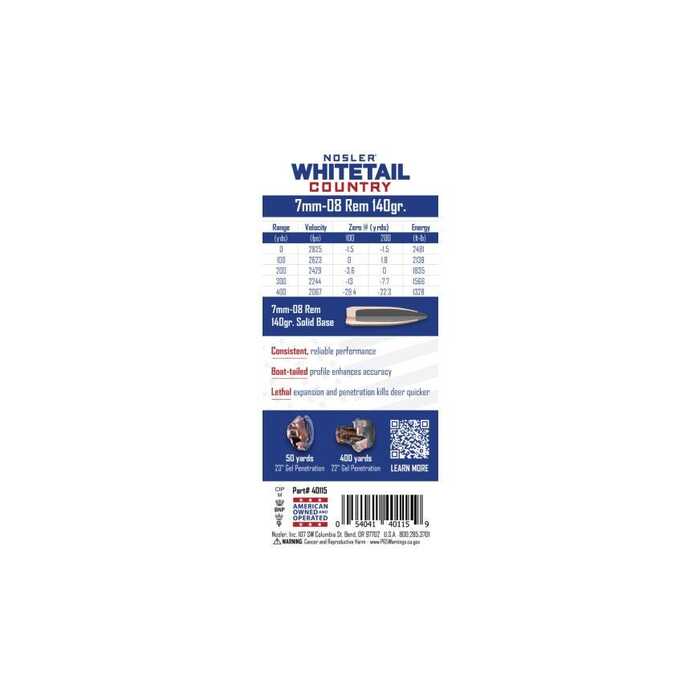 Nosler Ammunition 7mm-08 Remington 140 Grain Solid Base Spitzer Boattail 20 Count
