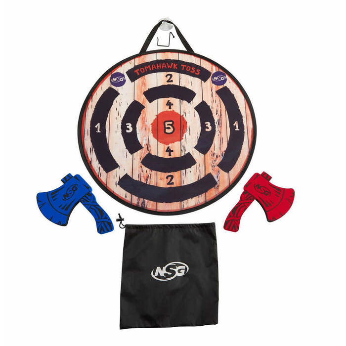 NSG Foam Axe Throwing Two Lightweight Axes with Large Easy Stick Target, Wood/Black/red/Blue Black, Brown