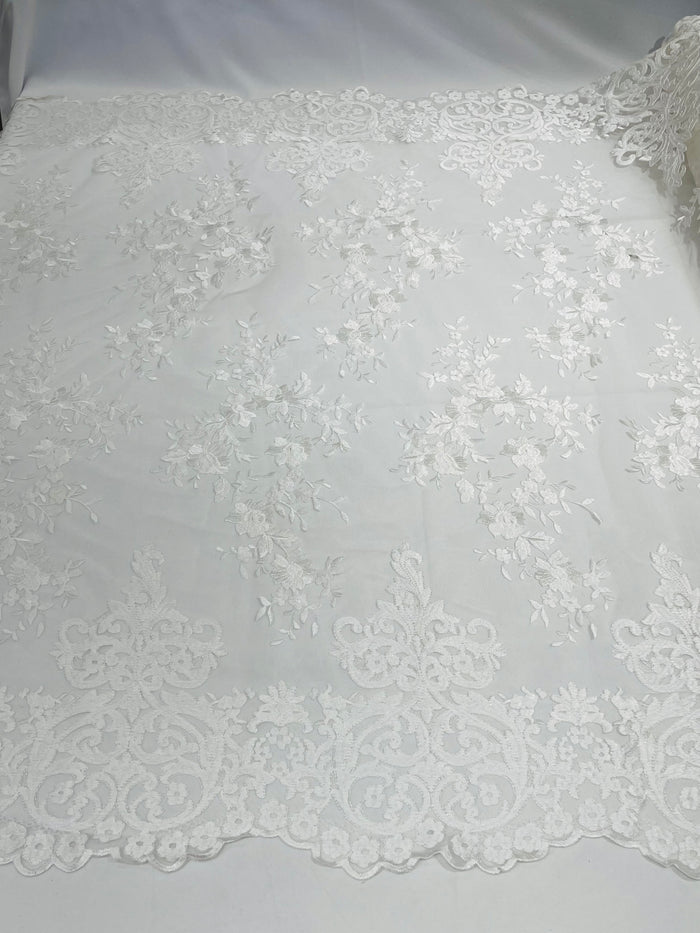 Of White Bridal Lace - By The Yard - Floral Damask Design Embroidered on Mesh Lace Fabric